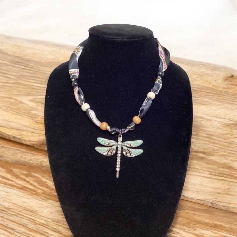 (#62) Handmade Dragonfly Pendant Necklace with Teal and Silver Accents